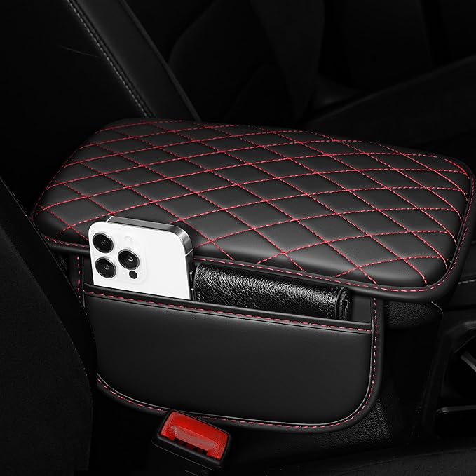Center Console Cover Fit for Kia Forte 2010-2024 with 2 Storage Bags Waterproof Leather Quilted Pattern Car Armrest Cover Cushion Anti - Slip(Black&Red Line)
