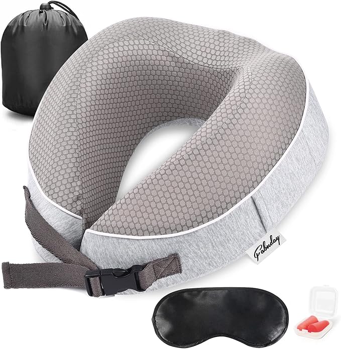 Travel Pillow for Airplane Memory Foam - Neck Support Travel Pillows for Sleeping, Traveling, Car, Home - Adult Flight Pillow Kit with Sleep Mask, Earplugs, Breathable Cover Machine Washable, Gray