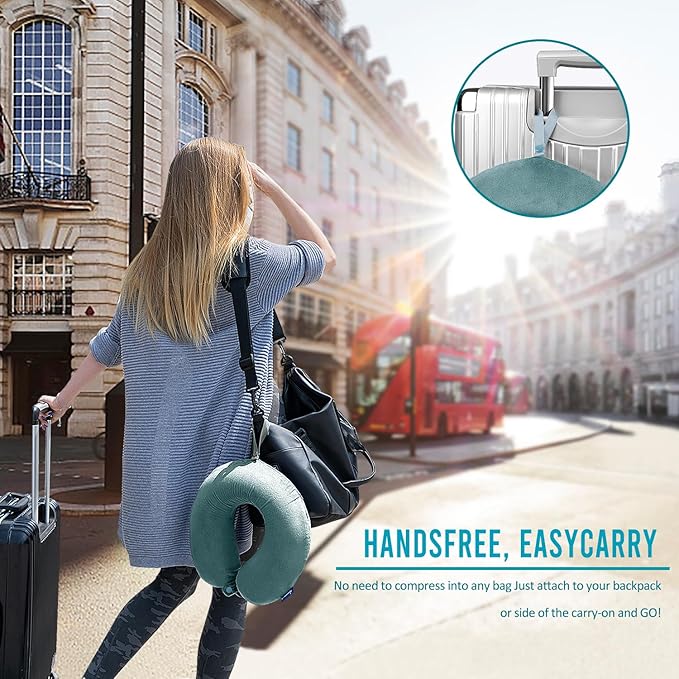 Travel Pillow Memory Foam for Airplanes - Neck Pillow for Traveling, Car, Home, Flight Pillow for Sleeping with Attachable Snap Strap Soft Washable Cover, Provide Head Neck Support Rest, Gray Blue