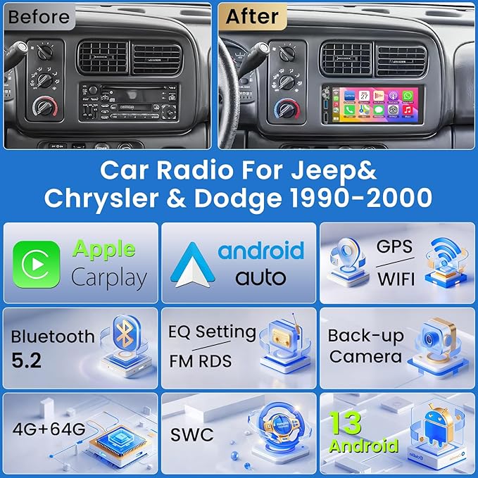 4G+64G Android 13 Car Radio for Dodge Ram (1994-2001)& Chrysler Town and Country (1990-2000) & Jeep Grand Cherokee (1993-1998), 6.2''Touch Screen Stereo with Wireless CarPlay&Android Auto