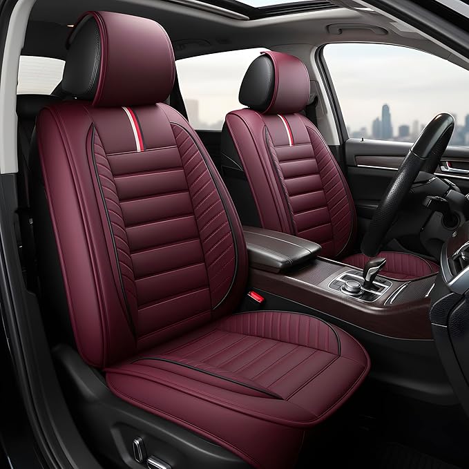 OASIS AUTO Car Seat Covers Front Seats Premium Waterproof Faux Leather Cushion Universal Accessories Fit SUV Truck Sedan Automotive Vehicle Auto Interior Protector (OS-001 Burgundy)