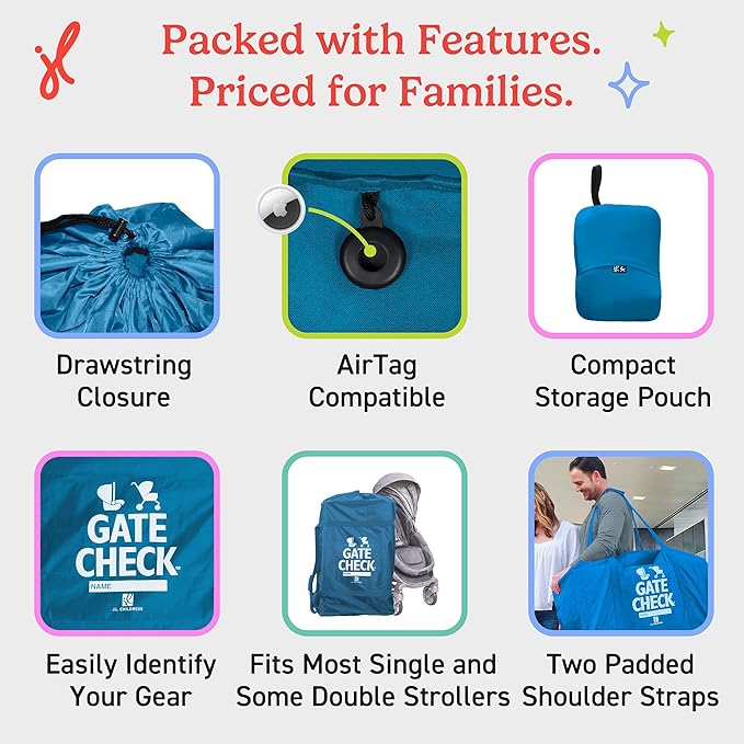 J.L. Childress Gate Check Bag for Single & Some Double Strollers - Travel Bag for Airplane, Fits Most Standard Baby Strollers, Airport Accessories Gate Check, Flying Essentials - Deluxe, Blue