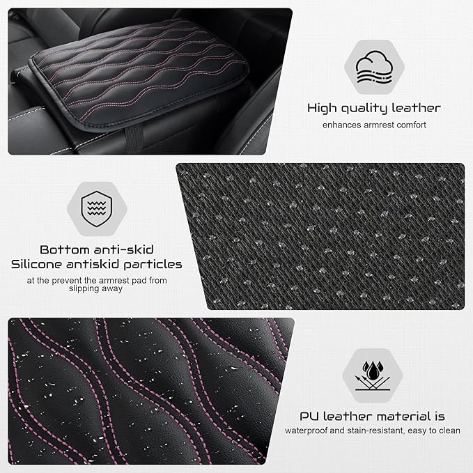 Amiss Auto Center Console Pad, Universal Waterproof Armrest Seat Box Cover, Car Interior Accessories, Leather Auto Armrest Cover Protector for Most Vehicle, SUV, Truck (Pink-Line)