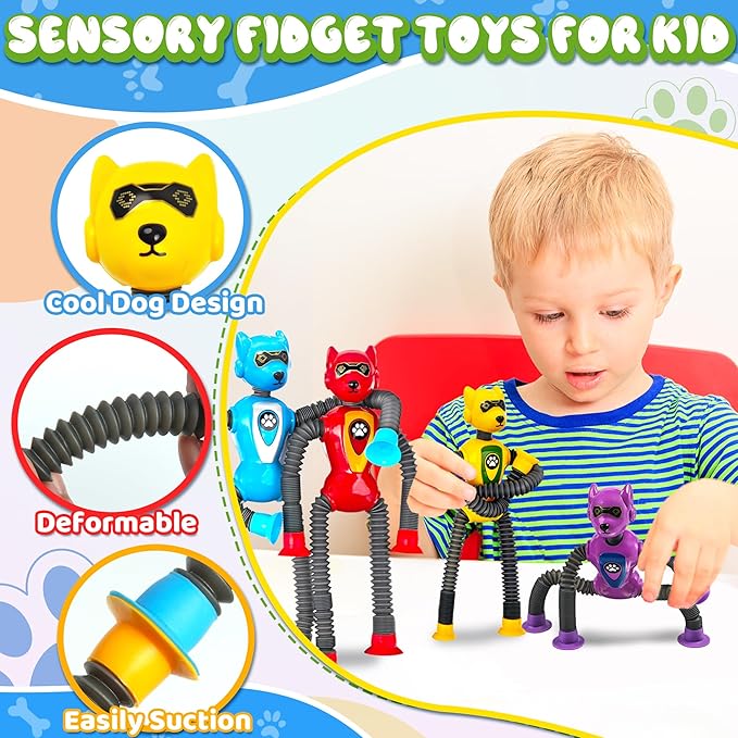 4PC Robot Dog Sensory Pop Tube Travel Toys for Boys Toddler Kid Airplane Car Toy Activities Autistic Road Trip Suction Tube for Boy 3 - 8 ADHD Autism Easter Basket Stuffers Valentine Gift
