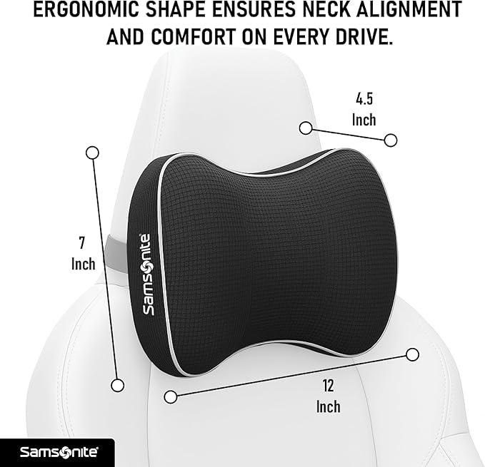 Samsonite Car Neck Pillow, Soft Memory Foam Headrest Pillow for Driving, Ergonomic Car Seat Headrest Cushion with Adjustable Strap, Breathable & Removable Cover, Neck Pain Relief, Black