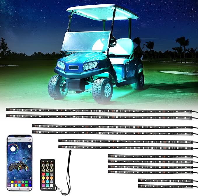 KEMIMOTO 12PCS Million Colors Golf Cart Underglow LED Strip Light Kit 12V Compatible with Club Car, EZGO, Drive, ICON, and Kandi, Waterproof IP68 Accent Neon Lighting Kit with 24 Modes, Multicolor RGB