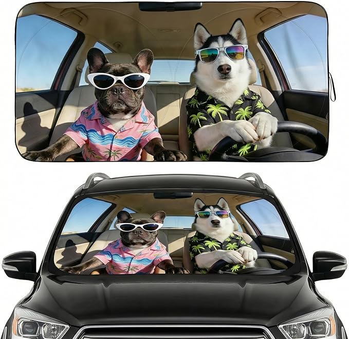 Windshield Sun Shade for Car, Cute Husky & French Bulldog Car Windshield Sunshade, Funny Dog UV Heat Shield, Foldable Automotive Sun Shade for Cars SUV Trucks