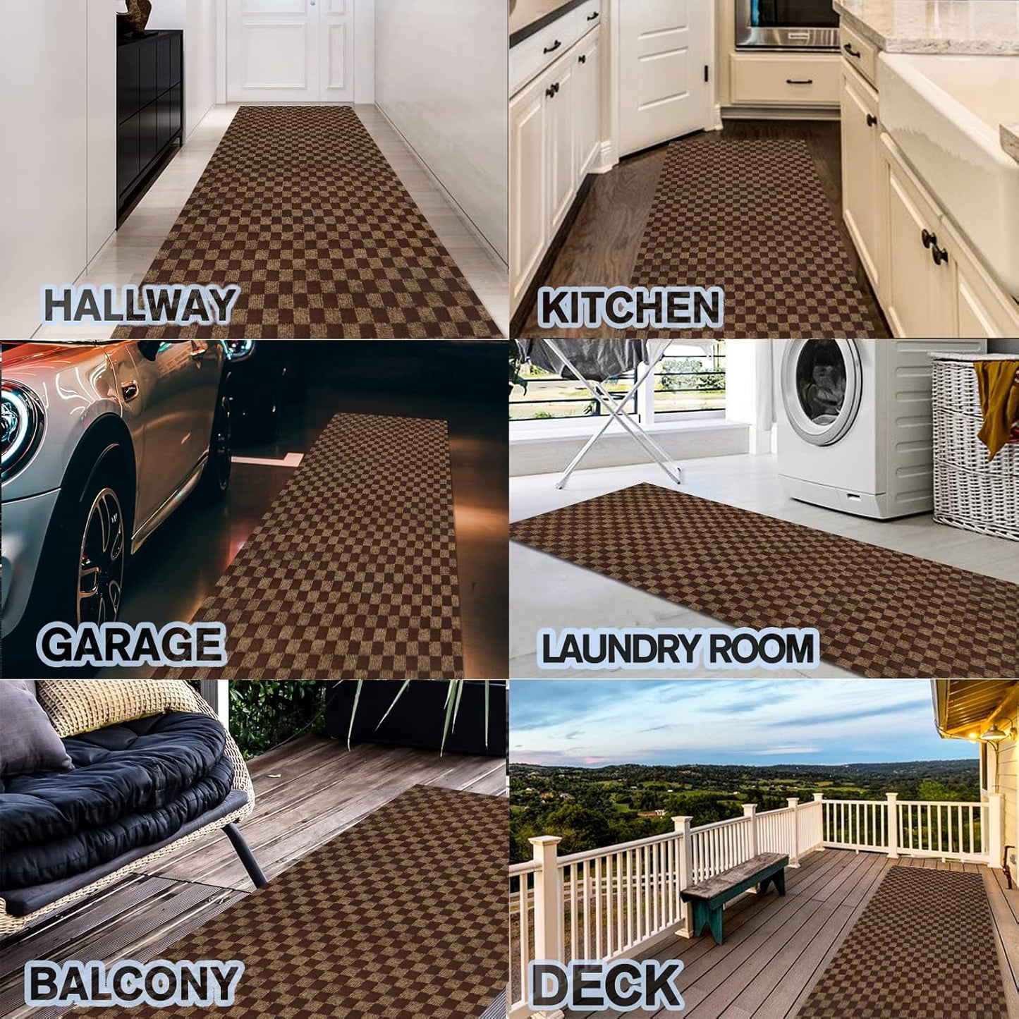 Custom Size Backed Non-Slip Area Rugs Runner, Easy Clean, Waterproof Runner Rugs for Hallway Entryway, Kitchen, Laundry, 4FT x 32FT, Brown Checkered