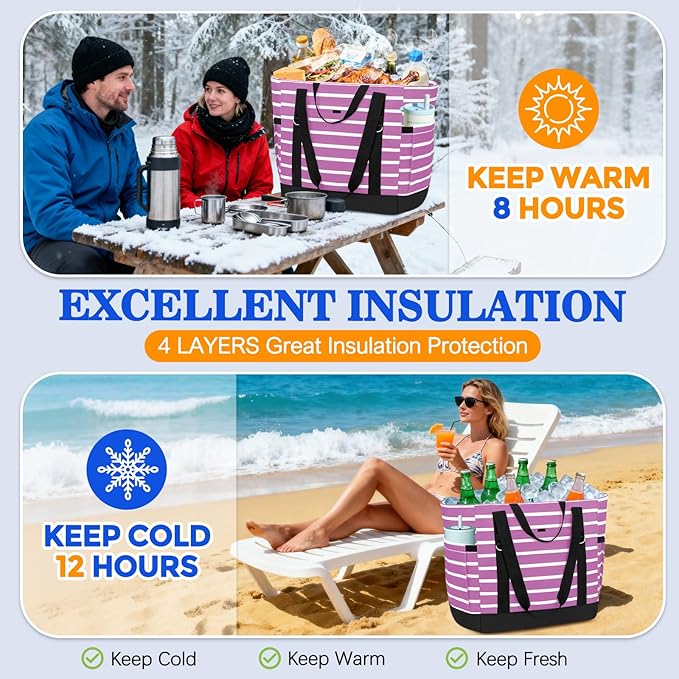 HUANLANG Soft Cooler Bag Insulated for Travel,Large Insulated Grocery Bags with Zippered Top,PEVA Collapsible Food Delivery Cooler Bag for Beach, Travel, Picnics