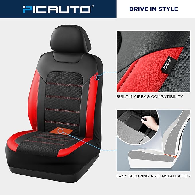 PIC AUTO Car Seat Covers, Premium Leather and Air Mesh Automotive Sports Seat Covers, Two Front Set, Airbag Compatible Universal Fits Most Cars, SUVs, Trucks and Vans (Black & Red)