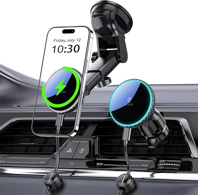 MOKPR Only for iPhone Magsafe Car Mount Charger, Magnetic Phone Holder for Your Car Charger Dash Windshield Vent Magnetic Wireless Car Charger Mount for iPhone 17 16 15 14 13 12 Carbon Firber