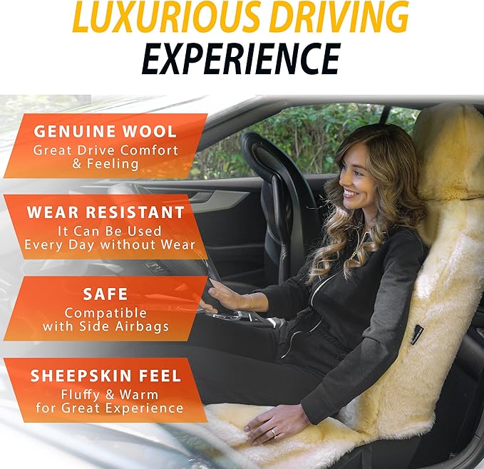 ZONETECH Sheepskin Seat Covers Fuzzy Car Seat Covers Ivory Australian Merino Wool Fluffy Fur Auto Accessories All Season Protection for Your Seats Universal Fits Most Car SUV Airbag Compatible