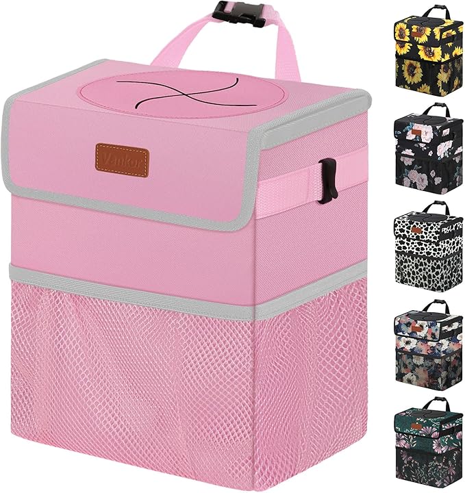 Vankor Pink Car Trash Can Cute, Pink Car Accessories for Women Waterproof Automotive Garbage Cans Leak Proof Vehicle Trash Can