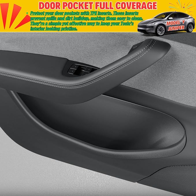 4Pcs 2026 2025 Tesla Model Y Juniper Door Pocket Liner Full Protector Cover Door Organizer Tray Side Storage Interior Accessories - Waterproof & Anti-Scratch TPE Inserts