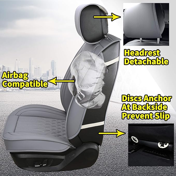 Aierxuan Front Car Seat Covers Universal Fit for Honda Civic Accord CRV, Toyota Camry Prius Rav4 Corolla, Kia, Lexus, Nissan, Mazda, Jeep Cherokee and Most Cars, with Waterproof Leather (Grey)