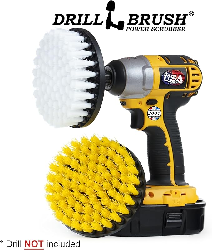 Drill Brush - 5-inch Spin Brush Cleaning Kit - Calcium, Mineral Deposits, Soap Scum, Rust - Hard Water Stain Remover - Grout Cleaner - Shower Curtain - Bath Mat - Bathroom Accessories - Shower Door