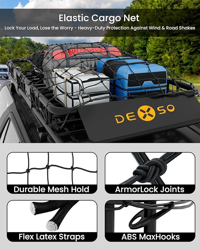 DEXSO 46" x 36" Universal Roof Rack Basket with Cargo Net, 200 Lbs Capacity Rooftop Cargo Carrier Basket, Heavy Duty Luggage Holder Rack for SUVs, Trucks, Vehicles