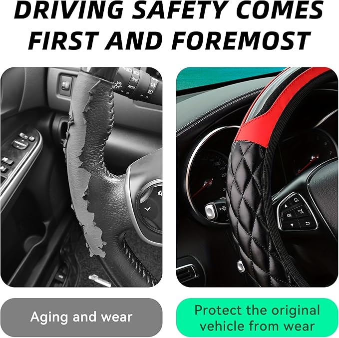 Car Steering Wheel Cover, 14.5-15inch Leather Anti-Slip Car Wheel Cover Protector, Safety Comfortable Desgin, Universal Auto Steering Wheels Accessories for Cars Truck SUV (Red)