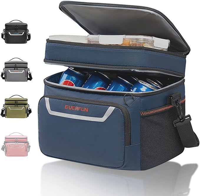 EVERFUN Small Cooler Bag 24/48 Can Insulated Lunch Box Double Deck Soft Leak-Proof Waterproof Collapsible Ice Chest for Men Women Work Travel Car Trip Picnic Beach