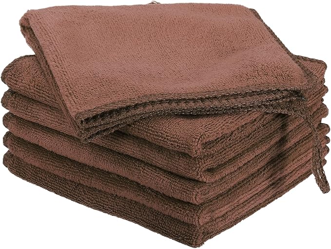 HARFINGTON 6 Pack Microfiber Cleaning Cloth, 10" x 10" Multi-Functional Cleaning Towels Reusable Absorbent Rags with Hook for Car Wash Kitchen Household Window Clean, Brown