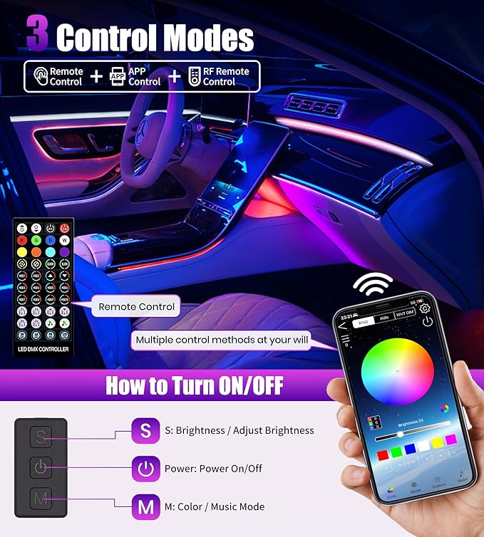 KENANEK 55.12inch Acrylic LED Lights for Car–6 Dreamcolor Interior Car LED Strip Light+4 footwell Lights, 3 Control Methods, Music Sync, Dual USB Cigarette Lighter, Universal Fit for Car/SUV/Truck