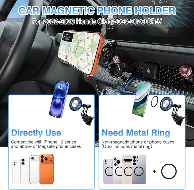 Autorder Upgraded Magnetic Car Phone Holder for 2022-2026 Honda Civic/2023-2026 CRV Accessories Strong Adsorption Phone Mount 360°Flexible Adjustment Magnetic Phone Stand Fit for All Smartphone