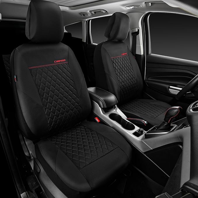 CAR PASS Quilting Leather Seat Cover Two Front Seats Only, Universal Fit Automotive Front Seat Covers Waterproof Deluxe PU Premium Vinyl Luxury for Cars Sedan Van SUV Airbag Compatible 2 Pieces,Black