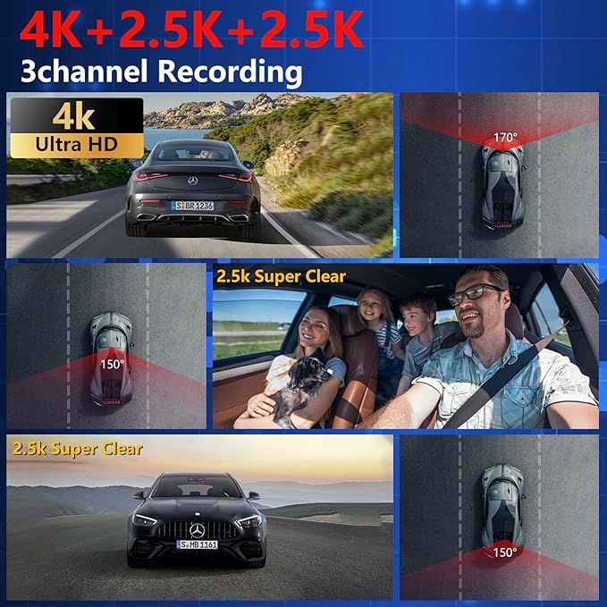 4K+2.5K+2.5K Dash Cam, STARVIS 2 Sensor, Dash Camera 3-Channel, Free 64GB Card, Dashcam with 5G WiFi GPS, G-Sensor,Loop Recording, HDR, 24H Parking Monitor, Time-Lapse Recording, 256GB Max