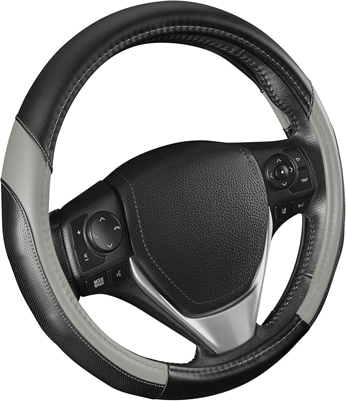 Motor Trend SportDrive Faux Leather Steering Wheel Cover, Standard 15 inch Size, Two-Tone Black & Light Gray, Car Steering Wheel Cover for Truck Van SUV Auto