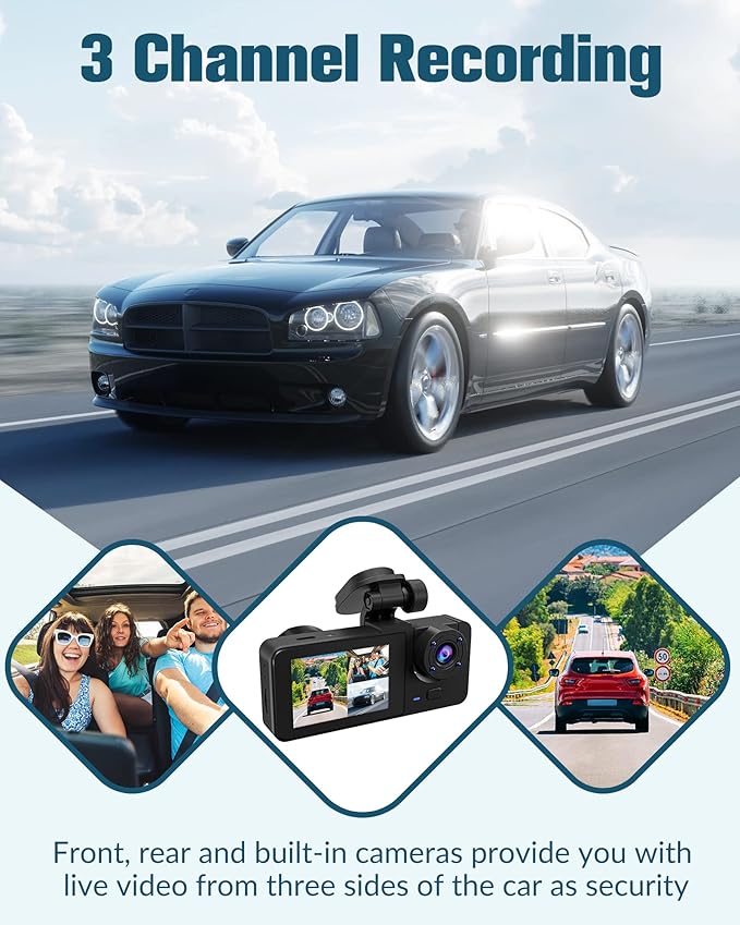 3 Channel Dash Cam,4K+1080P Dash Cam Front and Rear Inside, Dash Camera for Cars, Triple Car Camera with 32GB Card,Built-in G-Sensor, 2’’ IPS Display Car Camera,Loop Recording,24Hr Parking