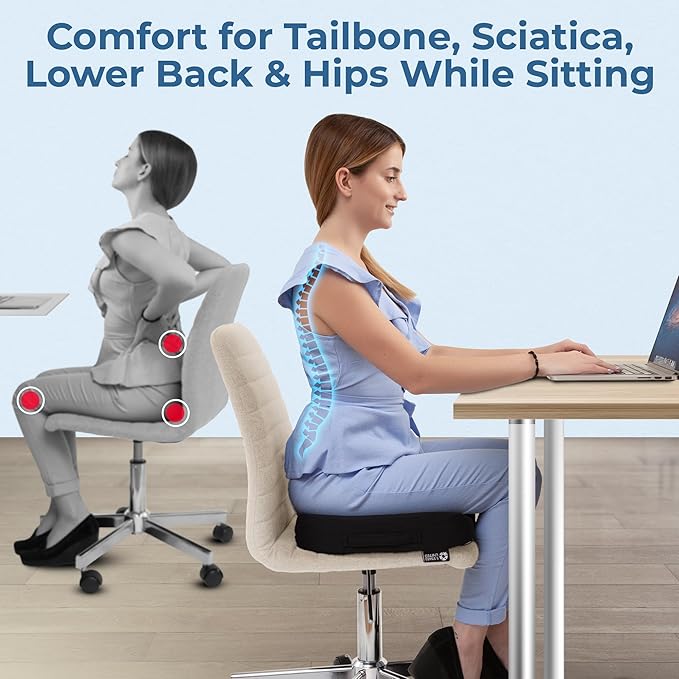 5 STARS UNITED Seat Cushion - Memory Foam&Cooling Gel Chair Cushion for Tailbone Pain Relief - Ergonomic Support for Coccyx, Sciatica & Butt - Office, Desk & Gaming Chair, Car Seat, Wheelchair, Black