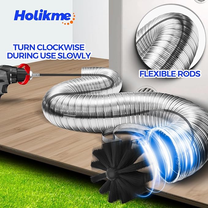 Holikme 15 Feet Dryer Vent Cleaner Kit, Lint Remover, Extends Up to 15 Feet, Synthetic Brush Head, Use with or Without a Power Drill,Black