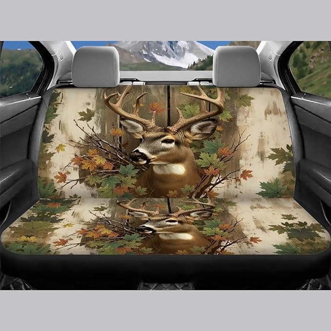 KEIAHUAN Deer Camo Hunting Car Seat Covers for Front and Rear Full Set 4 Piece Universal Front Bucket Seat Cover & Rear Bench Seat Protector Stretchy Breathable for Vans, Trucks, SUVs