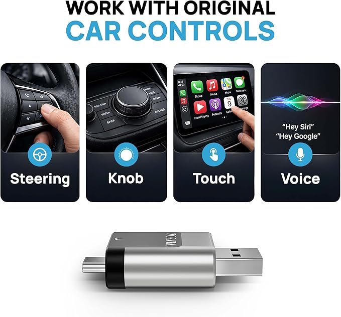 ZORVIA Wireless CarPlay Adapter for iPhone & Android Auto 2026 Upgraded - Convert Wired CarPlay to Wireless, Fast Auto Reconnect, Plug and Play, USB-C & USB-A (Silver)