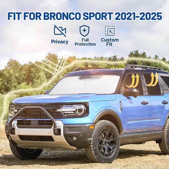 Car Window Shades for Ford Bronco Sport 2021-2025 Accessories - Full Set 8PCS Side Window Sunshades with Memory Frame & Blackout Fabric, Privacy UV Shield for Camping/Travel
