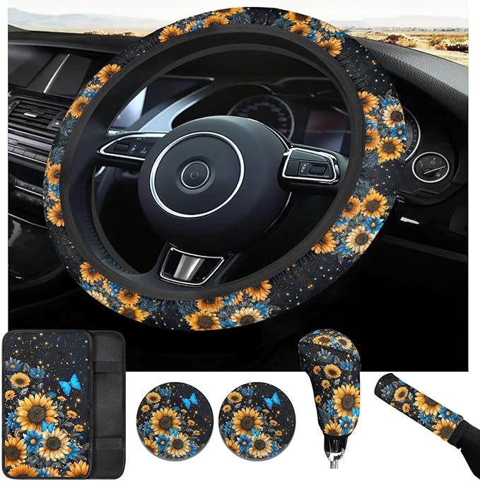 Blue Sunflower Print 6pcs Steering Wheel Cover Car Accessories for Women Men Butterfly Cup Coaster Handbrake Cover Fit Auto,Suvs,Truck
