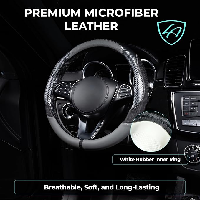 Lord Autofashion Steering Wheel Cover – PU Leather, Non-Slip Rubber Inner, All-Season Comfort – 14.5–15 Inch (Black/Grey 7685)