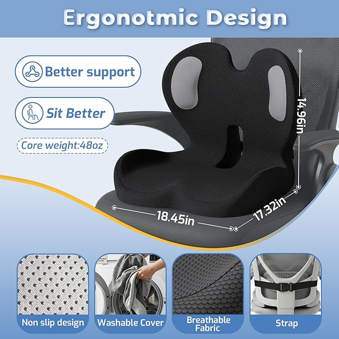 Seat Cushion,Memory Foam Chair Cushion for Office and Car,Ergonomic Coccyx Seat Cushion for Tailbone,Sciatic Nerve,Back Pressure Relief,Lumbar Support Pilow for Office,Car,Truck,Desk Chair