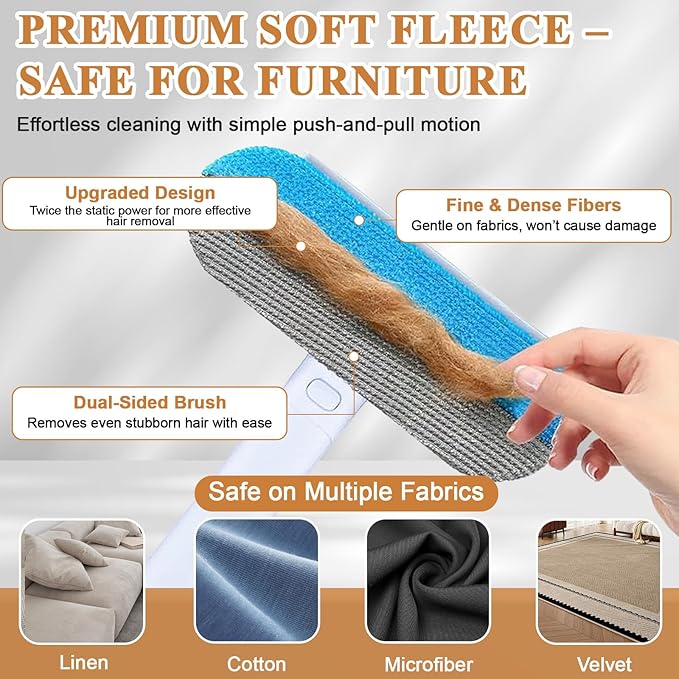 Pet Hair Remover for Furniture, Reusable Lint Roller for Dog and Cat Hair - 20.5" Multifunctional Fur Removal Tool with Long Handle Squeegee Gentle on Couch Carpets Clothes Bedding (Bl, Hand Operate)