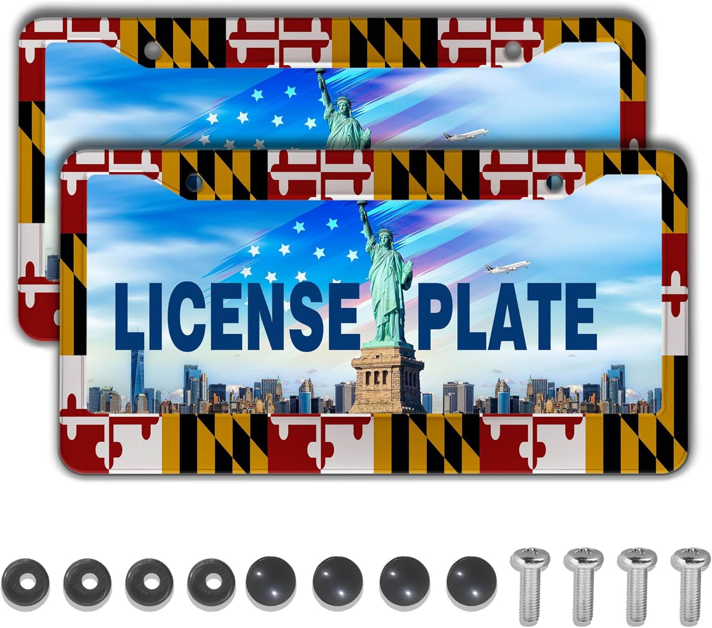 Front License Plate Bracket Multicolor License Plate Frames Flag of Maryland Universal Aluminum Car Accessory 2 Pack with Screw Covers Set