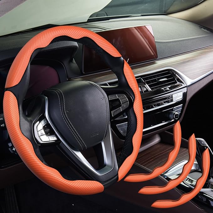 WOCOCN 3pcs Car Steering Wheel Cover,Anti-Skid Carbon Fiber Steering Wheel Protector for Men Women,Multiple Color Options,Universal for Most Car Interiors Accessories (Orange 3PCS)