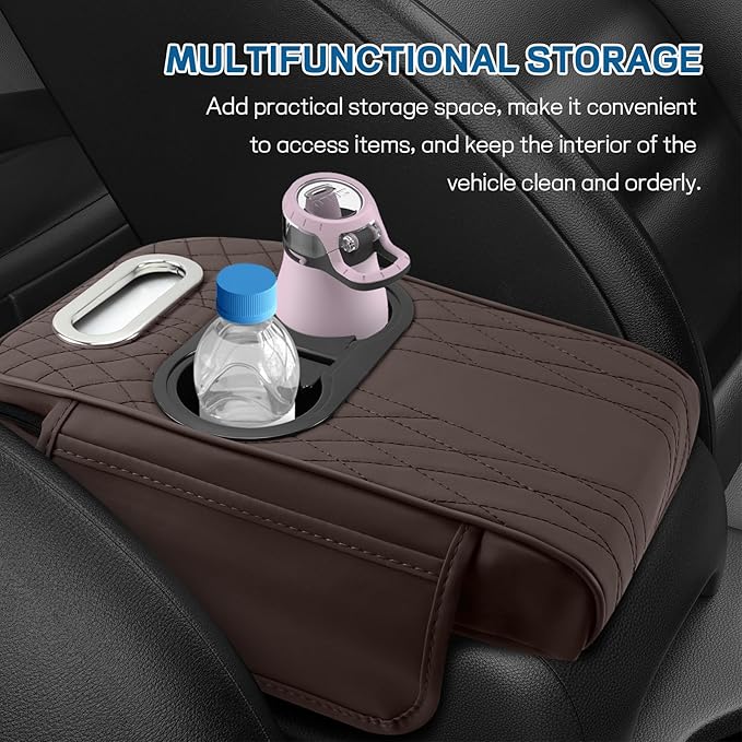 wuyaoyao Car Center Console Armrest Pillow, 13.78"×7.48"×2.56" Leather Arm Rest Cover for Cars, Memory Foam Auto Armrest Cushion Pad with Pocket, Cup Holder & Tissue Box, Car Accessories (Coffee)