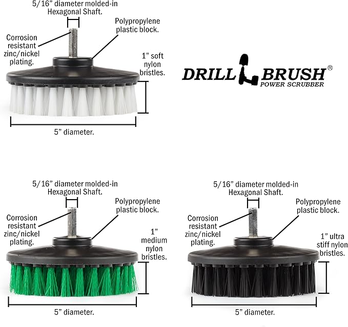 Drillbrush 3 Brush Kit - Drill Brush Cleaning Supplies - White Soft for Leather, Glass, Carpet - Green Medium for Kitchen, Bathroom, Tub, Sinks, Flooring - Black Ultra Stiff for Garage Floors, Stone