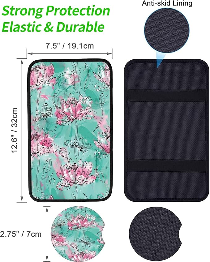 Car Armrest Cover Pads Universal Fashion Cute Auto Center Console Armrest Cover Pad with 2PCS Car Coasters Soft Waterproof Car Armrest Seat Protector for Women, Watercolor Pink Lotus