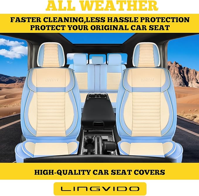 LINGVIDO Front Car Seat Covers, Faux Nappa Leather, Airbag Compatible and Waterproof Protectors for Sedans SUVs, Breathable Anti-Slip Interior for Commuters and Rideshare, White/Light Blue