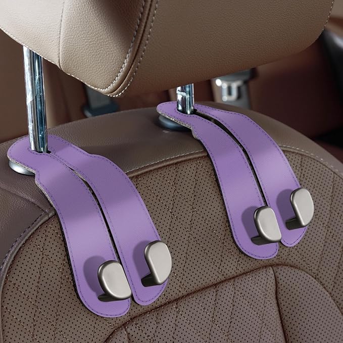 CoBak Purse Hook for Car - Universal Premium Stitched Leather and Aluminum-Magnesium Alloy Double Car Seat Back Storage Hook for Purses, Handbags, Bags (2 Pack),Amethyst Purple