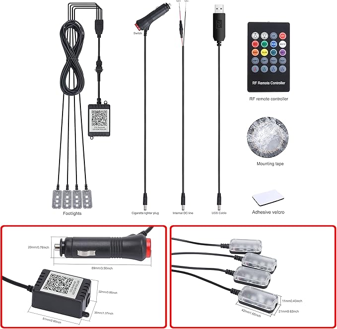 Car Footwell Atmosphere Light Kit RGB Multicolor Sound Active Music Sync Memory Function RF Remote Controller + Bluetooth APP Control 64 Colors USB Car Interior Ambient Lighting Kit DC 12V