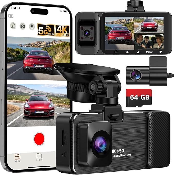 Dash Cam 3 Channel Front and Rear and Inside, 4K UHD 360 Dash Camera for Cars with 64GB Card, Car Cameras Dash Cam with, 5GHz WiFi, G-Sensor, Loop Recording, 24H Parking Monitor, Night Vision