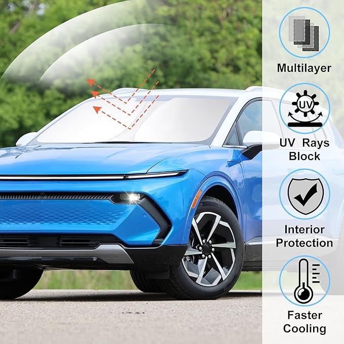 Windshield Sun Shade Custom Fit for 2024 2025 2026 Chevrolet Chevy Equinox EV Accessories Foldable Sunshade Sun Blocker Protect Car from Sun Rays & Heat Damage Keep Car Cooler