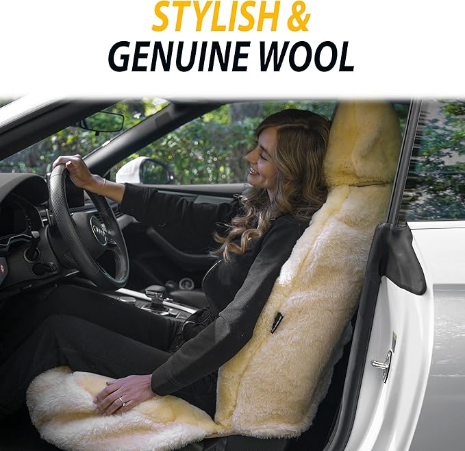 ZONETECH Sheepskin Seat Covers Fuzzy Car Seat Covers Ivory Australian Merino Wool Fluffy Fur Auto Accessories All Season Protection for Your Seats Universal Fits Most Car SUV Airbag Compatible